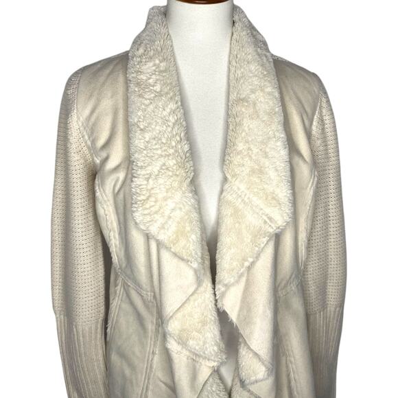 Knox Rose Vegan Suede Sherpa Open Cardigan Cream Sweater Small Boho Cowgirl - Picture 6 of 16